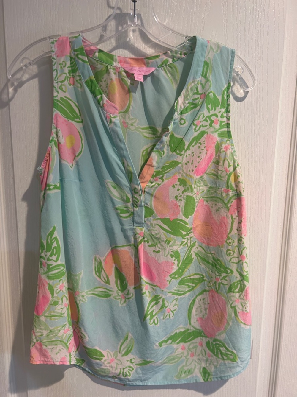 Lilly Pulitzer Sleeveless Floral V-Neck Top- Light Blue, Pink & Green